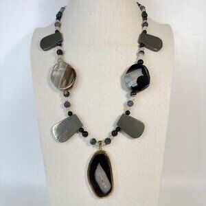 Agate & Hematite Slab Bead Necklace Statement Pendant Unique Stone Natural